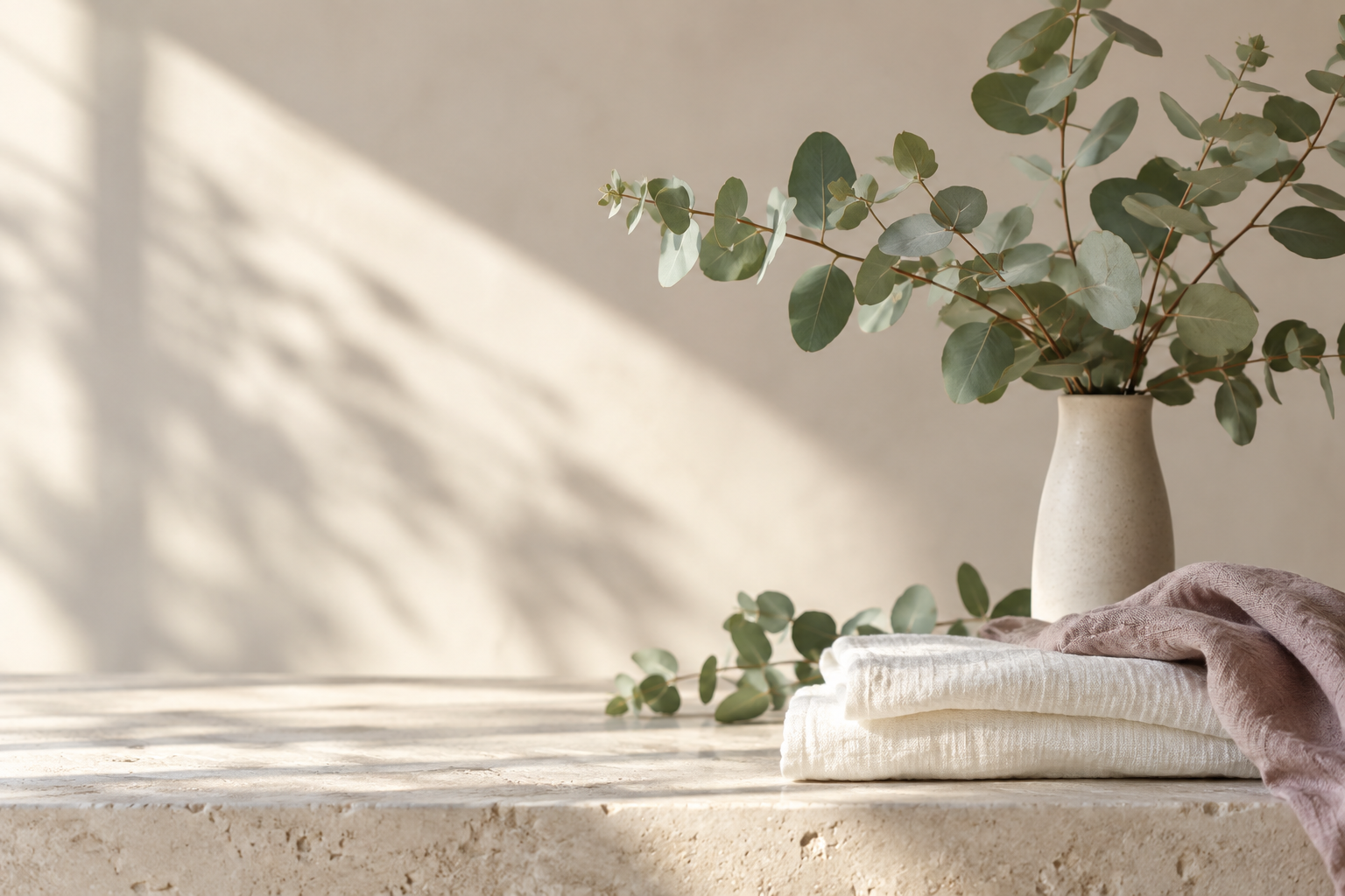 Eucalyptus and soft linens in a calm, neutral arrangement